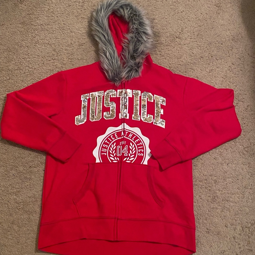 JUSTICE red zipper hoodie w flip sequence letters